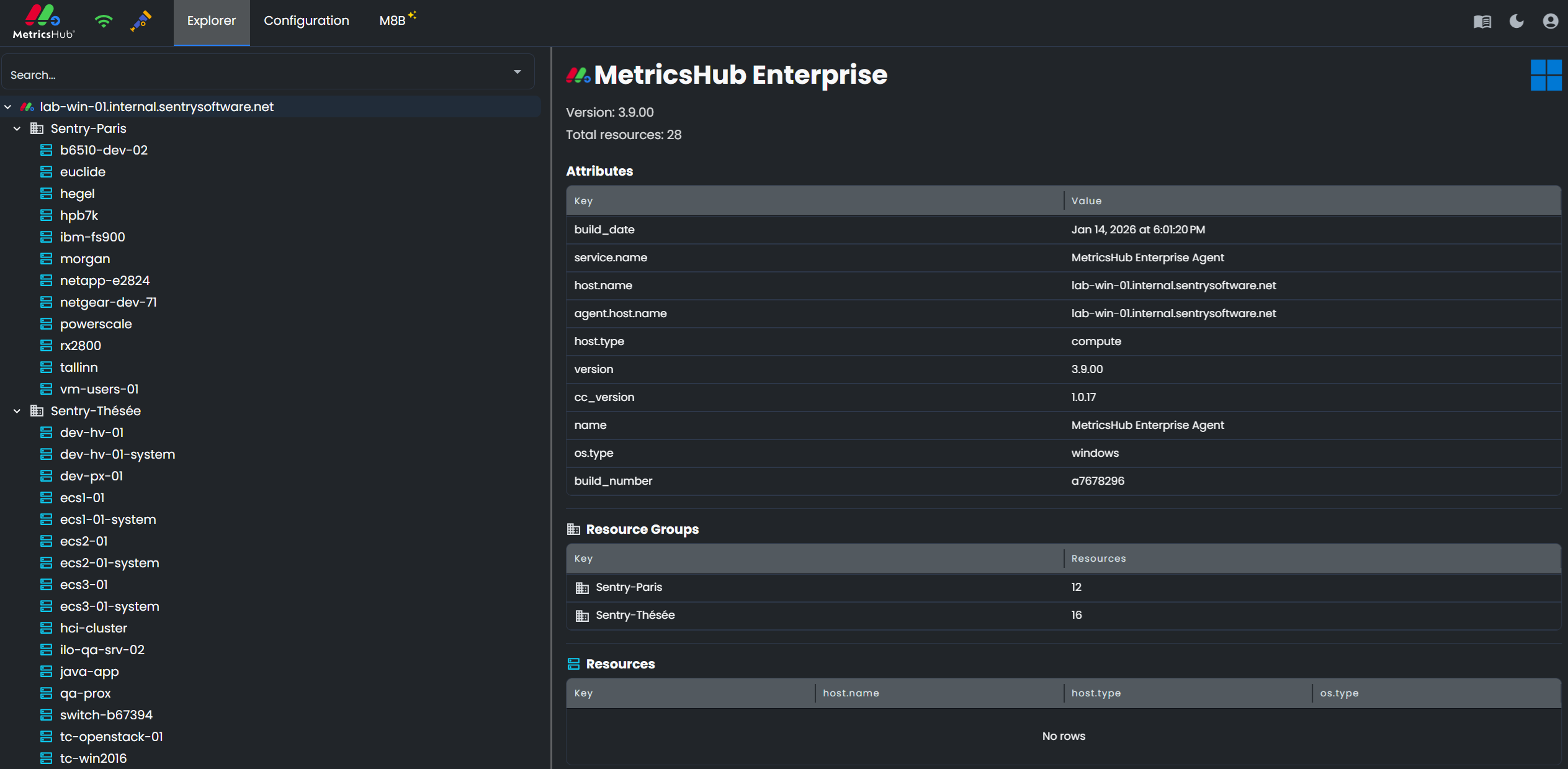 MetricsHub Web UI - Visualizing monitored hosts and collected metrics